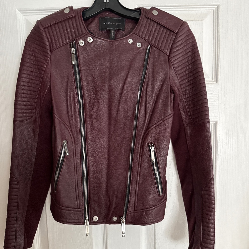 BCBG MAXAZRIA Burgundy Moto Zip Leather Jacket XXS $598 - Picture 10 of 10
